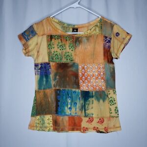 Banjara Patchwork T-Shirt Womens Small Short Sleeve Multicolor Round Neck